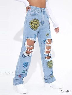 Lasaky - Vintage High-Waisted Distressed Denim Jeans: Straight-Leg Pants with a Fashionable Loose Fit Mid-rise Distressed Flare Jeans For Summer, Ripped Light Wash Jeans For Spring, Casual Ripped Flare Jeans For Spring, Spring Casual Ripped Flare Jeans, Spring Ripped Medium Wash Flare Jeans, Summer Distressed Light Wash Flare Jeans, Ripped High Waist Non-stretch Jeans, Spring Streetwear Ripped Flare Jeans, Wide Leg Ripped Flare Jeans For Spring