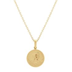 This dainty and elegant coin pendant is crafted from quality 14 karat yellow gold and is a lovely addition to any attire. The pendant measures 3/4 of an inch  hangs from a matching cable chain and is secured by a lobster clasp. 14k Gold Round Coin Necklace Fine Jewelry, Timeless 14k Gold Coin Pendant Necklace, Elegant Yellow Gold Medallion Necklace With Cable Chain, Elegant Engraved Gold Plated Coin Necklace, Elegant Hallmarked Coin Necklace, Elegant Engraved Gold-plated Coin Necklace, Yellow Gold Charm Necklace With Coin Pendant, Elegant Medallion Necklace With Coin Pendant, Elegant Coin Necklace For Formal Occasions