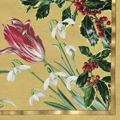 a red and white flower on a gold background with holly branches, berries and leaves