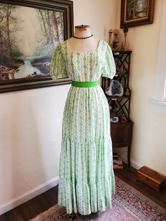 Vintage Bridgerton Cottagecore Prairie Dress Regency Gown Green Floral Garden | eBay Summer Green Gown With Fitted Bodice, Green Gown With Fitted Bodice For Summer, Fitted Floor-length Vintage Dress For Spring, Spring Green Gown With Fitted Bodice, Green Fitted Bodice Maxi Dress, Green Gown For Spring Garden Party, Fitted Green Maxi Dress For Garden Party, Fitted Square Neck Dress For Garden Party, Summer Green Floral Print Gown