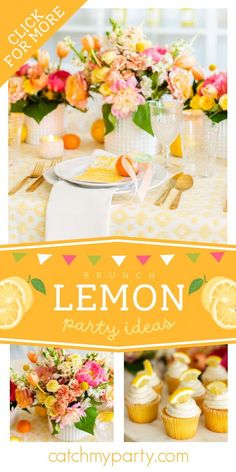 lemon party ideas with flowers and cupcakes