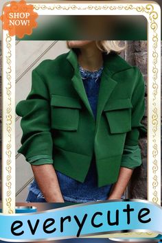 Fashion Ladies Turn-down Collar Pocket Slim Jackets Vintage Solid Long Sleeve Outwear Autumn Winter Women Casual Cardigan Coats Casual Green Blazer For Winter, Fitted Solid Cropped Jacket With Pockets, Winter Fitted Cropped Jacket With Pockets, Fall Solid Cropped Jacket With Pockets, Fitted Cropped Jacket With Pockets, Solid Cropped Jacket With Pockets For Fall, Fitted Cropped Jacket With Pockets For Winter, Green Long Sleeve Cropped Jacket For Fall, Office Outerwear With Stand Collar And Pockets