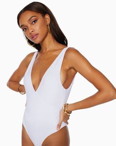 WHITE|1 Sleek V-neck Seamless Swimwear, Cheap V-neck One-piece Swimsuit For Pool, Chic V-neck One-piece Swimsuit For Pool, Stylish Bathing Suits, Black V-neck Beachwear One Piece, Stretch V-neck One Piece Beachwear, Full Coverage Swimsuit, Ramy Brook, Classic Suit