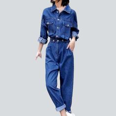 Introducing our 2023 Autumn-Winter Collection's 90s-style. mid wash denim overalls—the perfect blend of vintage style and modern fashion! With its oversized fit. buttons closure. and luxurious denim fabric. these one-of-a-kind overalls are the ideal addition to your wardrobe.Distinctive Features: 90's Style: Experience the timeless elegance of the 90s with this oversized. medium-wash denim overall. Buttoned Closure: Easily slip into this piece with the classic buttoned closure. Luxe Denim: Enjoy Womens Denim Jumpsuit, Fitted Jumpsuit, 90s Denim, Rugged Look, Fall Winter Wardrobe, 2023 Autumn, 90s Style, Vintage Glamour, Denim Overalls