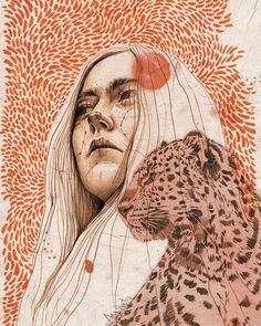 a drawing of a woman and a leopard in front of an orange flowered background