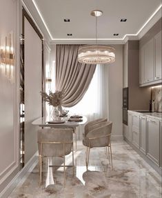 an elegant dining room with marble flooring and white walls, along with beige curtains