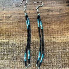 New Never Worn Beaded Earrings. Comes With Little Bag And Box. Turquoise, Black, White Beads. Simple Western Earrings, Western Inspired Jewelry, Turquoise Beaded Earrings With Black Beads As Gift, Western Beaded Earrings, Leather And Bead Earrings, Seed Bead Jewelry Diy, Bead Earring Ideas, Simple Bead Earrings, Diy Beaded Earrings