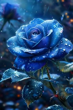 a blue rose with water droplets on it's petals is shown in the foreground