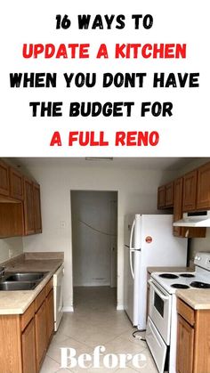 a kitchen with white appliances and wooden cabinets, before and after remodeling