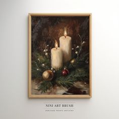 an oil painting of two candles and christmas decorations