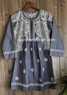 Unique denim look Chikankari hand embroidered a line blouse. Length: 30 inches Luxury Chikankari Embroidered Top For Summer, Traditional Block Print Blouse For Spring, A Line Blouse, Kurta Cotton, Chikankari Kurti, Cotton Blouse, Womens Blouses, Blouse Length, Cotton Blouses