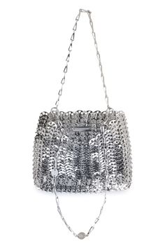 100% Brass Silver Top Handle Shoulder Bag For Shopping, Modern Crossbody Shoulder Bag For Party, Modern Satchel Shoulder Bag For Party, Modern Party Satchel Shoulder Bag, Modern Party Crossbody Bag, Silver Top Handle Shopping Bag, Party Top Handle Bag With Chain Strap, Silver Shoulder Bucket Bag With Removable Pouch, Silver Bag With Chain Strap For Travel