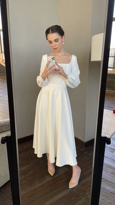 Square neckline short wedding dress Modest Wedding Dresses With Sleeves Short, Short Sleeved Satin Wedding Dress, Full Skirt Midi Wedding Dress, Civil Wedding Dresses Carol Hannah, Casual Short Winter Wedding Dress, Elegant Long Sleeve Wedding Dress Short, Long Wedding Dress To Short, Civil Wedding Dress Courts Winter, Short Winter Wedding Dress Tea Length