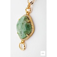 This Green Chrysoprase and Cubic Zirconia Necklace from Miel Jewelry Shop is a truly beautiful piece of jewelry. The pillow-shaped vermeil bezel is set with stunning green chrysoprase and cubic zirconia stones and is complemented by twisted gold-plated jumps. The 14K gold-filled long and short link chain adds a luxurious touch. This necklace is a unique and eye-catching piece that will add a touch of elegance to any look. Natural variations in the stones mean your purchased item may not be exact Elegant Jewelry With Natural Stones And Chrysoprase, Elegant Chrysoprase Jewelry With Natural Stones, Elegant Round Chrysoprase Necklaces, Elegant Green Chrysoprase Necklace, Elegant Faceted Chrysoprase Jewelry, Luxury Green Emerald Necklace With Stones, Luxury Green Faceted Necklaces, Luxury Faceted Green Necklace, Green Pendant Necklace With Stone Setting