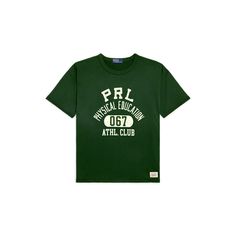 Polo’s playful take on a PE-issued T-shirt is crafted with ultrasoft cotton and finished with a logo label. The athletic-inspired graphic includes “67” which nods to our founding year. Green Cotton T-shirt With Logo, Casual Logo Tops For College, Green Graphic Tee With Logo, Casual College Tops With Logo, Graphic Tee With Logo Lettering Crew Neck, Cotton Graphic Tee With Logo, Classic Ralph Lauren Crew Neck T-shirt, Sporty Ralph Lauren Tops For Streetwear, Green Casual Logo T-shirt