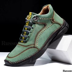 Russoo - FLYLAND Mens High-Top Casual Shoes with Stitch Detailing Casual Green Leather Shoes With Round Toe, Casual Green Leather Shoes With Stitched Sole, Vintage Scene, Mens Chukkas, Mens Ankle Boots, Mens Skate Shoes, Mens Rain Boots, Mens Canvas Shoes, Mens Snow Boots