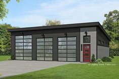 a garage with a red door is shown