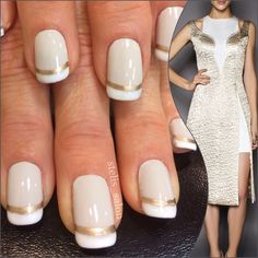 Steli's double French manicure in cream, white and gold. Dress is by John Paul Ataker. French 70s French Manicure, Double Stripe French Manicure, Prom Nail Designs, Nail Wedding, Red And Gold Nails, White Tip Nails, Brown Nail Polish, Nail Extensions Designs