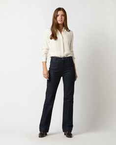 Sloane Trouser Jean in Dark Indigo Stretch Denim | Shop Ann Mashburn Navy Blue Jeans Outfit, Bra Alternatives, Ann Mashburn, Clothing Catalog, Scarf Sale, Ivory Silk, Dark Indigo, Sweater Gift, Denim Shoes