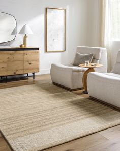 a living room with two chairs and a rug