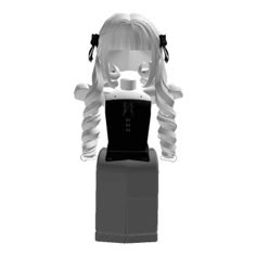 a white doll with long hair wearing a black shirt and grey skirt, sitting in front of a white background