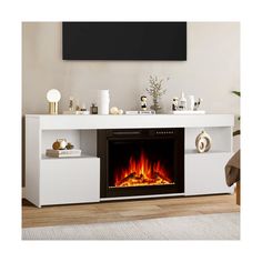 a white entertainment center with a fire place