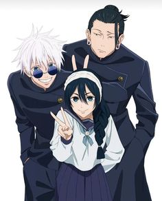 two anime characters posing for the camera with one pointing at the camera and the other holding his hand up