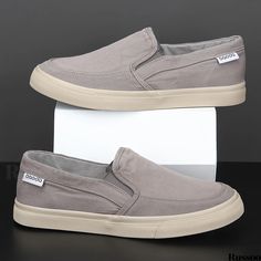 Russoo - Grey Mens Casual Shoes: Lightweight, Breathable, Letter Embossed Design Casual Solid Color Slip-ons, Gray Flat Slip-on Sneakers Casual Style, Gray Casual Slip-on Flat Sneakers, Casual Gray Slip-on Flat Sneakers, Casual Round Toe Slip-ons For Outdoor, Casual Gray Closed Toe Slip-ons, Casual Gray Slip-ons With Rubber Sole, Casual Gray Flat Slip-ons, Casual Gray Slip-ons With Cushioned Footbed