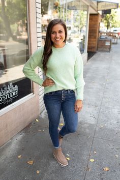 Bt Green 2Tone Pullover Sweater Green Knit Casual Sweatshirt, Green Soft Knit Casual Sweater, Spring Green Cozy Fit Top, Casual Green Soft Knit Sweater, Cozy Fit Green Top For Spring, Green Soft Knit Crew Neck Sweater, Trendy Green Soft Knit Sweater, Green Stretch Casual Sweatshirt, Green Stretch Sweatshirt For Fall