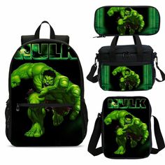 Backpack   Size: 30*14*45 CM /11.81*5.51*17.72 IN     weigt: 0.46 kg / 1.01lb 1.Material: 100% polyester 2.Front zip pouch for quick access. 3.Suitable for school students. 4.The large capacity of daily necessities   Insulated Lunch Bag    Size: 23.5*14*19 CM /9.25*5.51*7.48 IN   weigt: 0.2kg / 0.44 lb 1.Two handles that Velcro together 2.Removable shoulder strap 3.Zip around closure with front zip pocket and two side mesh pockets 4.Easy-to-clean insulated lining   Crossbody Bag   Size: 18.5*6.5 Hulk Kids, Backpack Cooler, Cool Lunch Boxes, Kids School Backpack, Kids Lunch Bags, Box Gifts, Backpack Lunch Bag, Cooler Lunch Bag, The Incredible Hulk