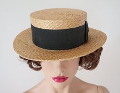 "Can't tell who made the hat.The label is half gone. Size 56 16x19,8 cm - 6,29x7,79\" The hat has wear on the inside(see pictures) The brimis slighty bent (not to see by wearing) Very good vintage condition" Retro Adjustable Brimmed Boater Hat, Adjustable Brimmed Retro Boater Hat, Vintage Fedora With Flat Crown, Retro Adjustable Straw Hat With Short Brim, Retro Wide Brim Adjustable Top Hat, Retro Adjustable Wide Brim Top Hat, Vintage Flat Cap Hats For Summer, Vintage Flat Crown Hats For The Beach, Vintage Flat Crown Hats For Beach