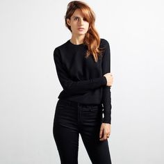 The Cashmere Crew Black – Everlane $120 Fitted Cashmere Top For Layering, Fitted Sweater With Ribbed Cuffs For Everyday, Everyday Fine Knit Cashmere Tops, Chic Everyday Cashmere Tops, Fall Cashmere Tops For Daywear, Classic Stretch Cashmere Tops, Classic Winter Tops With Minimal Stretch, Classic Fitted Sweater For Layering, Classic Tops With Minimal Stretch For Winter