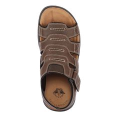 These sporty Dockers sandals are sure to be your new favorite weekend companions. Made with a more relaxed fit and memory foam insoles, they create a new level of personalized comfort. The distressed, man-made uppers and velcro straps give off truly laid-back casual vibes, while the durable rubber outsole means you can take on any terrain. Perfect for warm weather, weekends, and your favorite shorts - add these sandals to any day to reach ultimate relaxation. Size Tip: Size down a 1/2 size from Sandals Ideas, Shoe Warehouse, Men Sandals, Dockers Men, Open Toe Shoes, Round Toe Heels, Fit Men, Mens Sandals, Velcro Straps