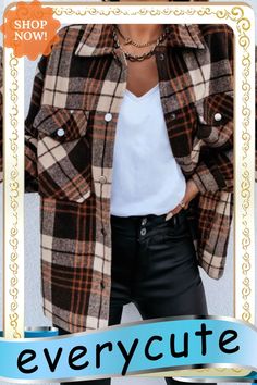 Long Sleeve Plaid Shirt Collar Jacket P13324 Casual Collar Brown Top For Fall, Brown Casual Collar Top For Fall, Brown Casual Collar Top For Winter, Casual Collar Winter Workwear Outerwear, Single Breasted Casual Collar Outerwear For Fall, Long Sleeve Tops With Pockets For Fall, Fall Long Sleeve Tops With Pockets, Fall Single-breasted Outerwear With Casual Collar, Fall Plaid Single Breasted Top