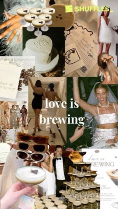 a collage of photos with words and pictures on them that say love is brewing