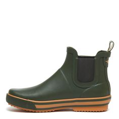 Slide on Rainbow, a slick green women's Chelsea boot with a treaded sole and pop of orange color along the footbed. Perfect for rainy days calling for a modern look. Rocket Dog women's rain boot Olive green rubber upper with orange stripes on footbed Heel loop for easy on and off Treaded sole Rubber surrounding footbed Round toe Ankle rise shaft Casual Green Waterproof Boots For Fall, Green Boots For Outdoor Activities In Fall, Green Boots For Outdoor Use In Fall, Green Boots For Outdoor Wear In Fall, Green Weatherproof Rain Boots For Fall, Waterproof Green Boots For Outdoor, Green Insulated Waterproof Boots With Round Toe, Green Rubber Sole Rain Boots For Outdoor, Green Weatherproof Outdoor Boots