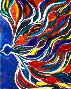 an abstract painting with multicolored lines in the shape of a bird on a blue background