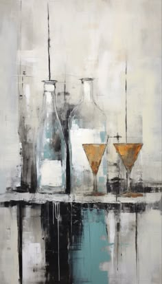 an abstract painting of three bottles and two martini glasses on a table with water in the foreground