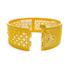 This exquisite 22k gold bangle, weighing 39.9 grams, features a bold and opulent square design that exudes elegance and sophistication. The yellow gold finish enhances its luxurious appeal, making it perfect for any special occasion. The bangle has a size of 2.8 and an opening diameter of 2.5 inches, offering both style and comfort. This piece is openable, designed with a screw and hinge for added convenience. Ideal for those who appreciate high-quality craftsmanship and timeless beauty, this bo Rectangular Gold Plated Bracelet For Formal Occasions, Ceremonial Gold Bangle Jubilee Bracelet, Formal Gold Cuff Bracelet With Filigree, Formal Gold Filigree Cuff Bracelet, Gold Filigree Cuff Bracelet For Formal Occasions, Gold Cuff Bracelet For Festive Occasions, Festive Gold Cuff Bracelet As A Gift, Formal 22k Yellow Gold Cuff Bracelet, Festive Gold Cuff Bracelet For Gift