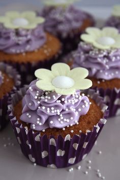 cupcakes with purple frosting and white flowers on them