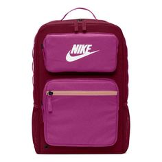 Nike Casual Sports Travel Bag Schoolbag Backpack Women's Red / Pink BA6170-638 (Women's) University Red Everyday Backpack, Sporty School Bag With Functional Pockets, Sporty Backpack With Functional Pockets, Sporty Back To School Bags With Functional Pockets, Sports Backpack With Functional Pockets, Sporty Red Nylon Bag, University Red Travel Backpack, Nike Pink Backpack For School, Nike Rectangular Backpack For Back To School