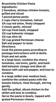 the recipe for chicken pasta is shown in black and white