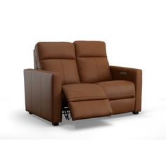 the reclining loveseat with power headrests is shown in brown leather