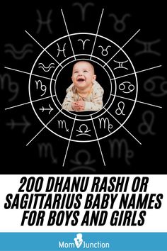 a baby with zodiac signs on it and the words 20 dhanu rashi or sagitarus baby names for boys and girls