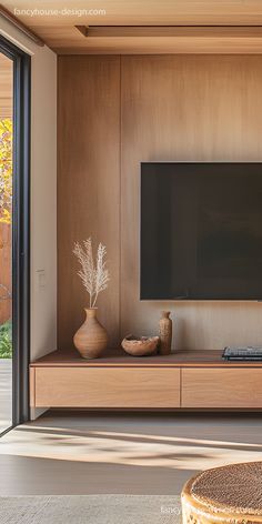 a flat screen tv sitting on top of a wooden entertainment center in a living room