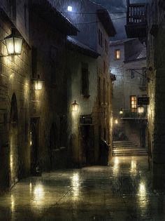 an alleyway at night in the rain with lights on