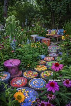 a garden filled with lots of different colored flowers and potted plants next to a bench