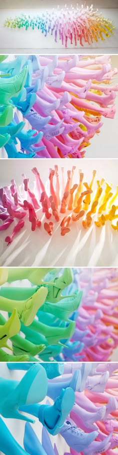 several different colored toothbrushes lined up in rows