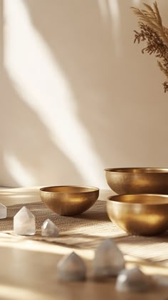 A serene meditation space featuring Tibetan singing bowls and small hexagonal prism crystals (5-10 cm), in soft natural colors. The background is a stylish beige-brown palette. No text! Photorealistic style. Meditating Aesthetic, Zen Aesthetic, Zen Moments, Sound Bath, Free Soul, Meditation Gifts, Visual Board, Yoga Room, Brand Board