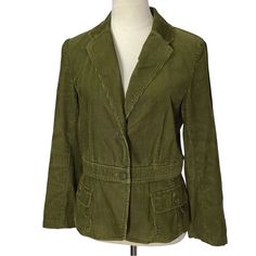 Elevate Your Wardrobe With This Stylish Calvin Klein Blazer Jacket In A Beautiful Shade Of Green. The Jacket Is Made From 100% Cotton Corduroy With A Button Closure, Making It Perfect For Any Occasion - Whether You're Traveling, Going To A Party, Or Just Dressing Casually. The Jacket Features A Collared Neckline, Long Sleeves, And Pockets For Added Convenience. It's Available In A Size 8. The Solid Pattern Blazer Jacket Is Machine Washable And Suitable For All Seasons - Winter, Summer, Fall, And Calvin Klein Button-up Spring Outerwear, Spring Corduroy Blazer With Pockets, Spring Corduroy Long Sleeve Blazer, Spring Casual Corduroy Blazer, Casual Spring Corduroy Blazer, Casual Corduroy Blazer For Spring, Calvin Klein Spring Outerwear With Button Closure, Spring Corduroy Button-up Utility Jacket, Long Sleeve Corduroy Utility Jacket For Spring